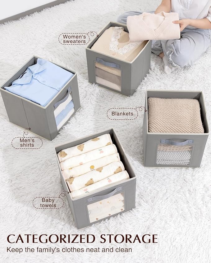 Foldable Storage Cubes - Cubby Storage Organizer with Window, 11 Inch Baskets for Organizing, Collapsible Fabric Storage Cubes for Shelves, Closet, 10 Pack, Grey