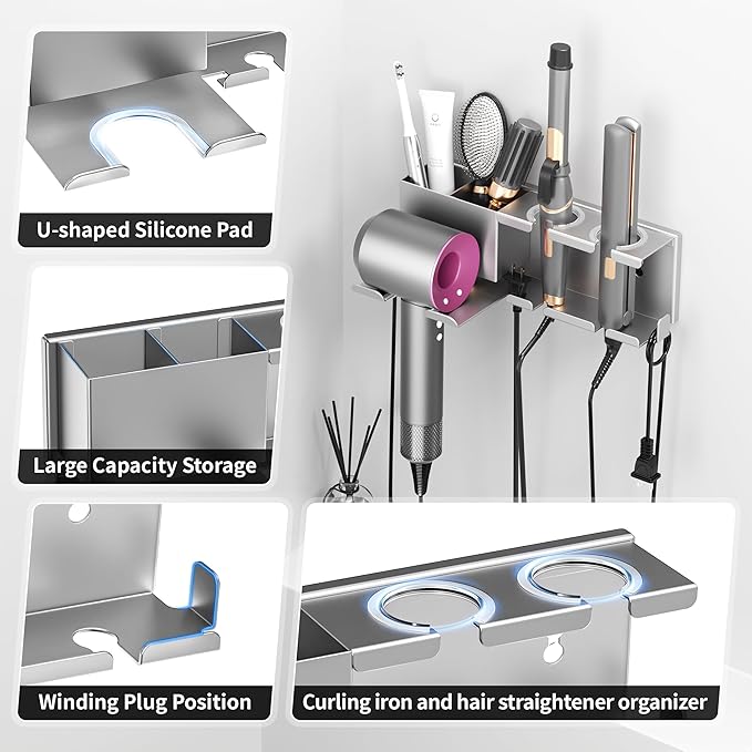 Hair Dryer Holder, Hair Tool Organizer, Blow Dryer Hanger Wall Mount for Dryer Hook, Bathroom Space-Saving Blow Dryer Organizer, Curling Irons Storage Wall Mounted (Gray)