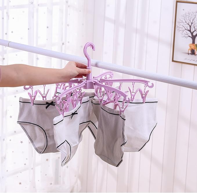 Foldable Drying Rack with 24 Clips for Drying Socks Lingerie Baby Clothes Drying Towels Rotatable Sock Drying Rack 2 PCS (Pink)