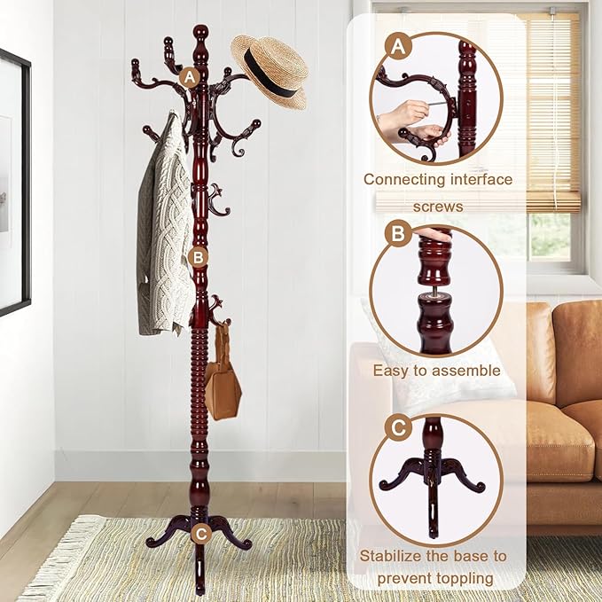Solid Wood Coat Rack, Free Standing Hall Coat Tree with 14 Hooks, 3 Height Options, 300lbs Load, Stury Base, Clothes Rack for Entryway, Hallway, Bedroom (Tri-legged Base - Rosewood)