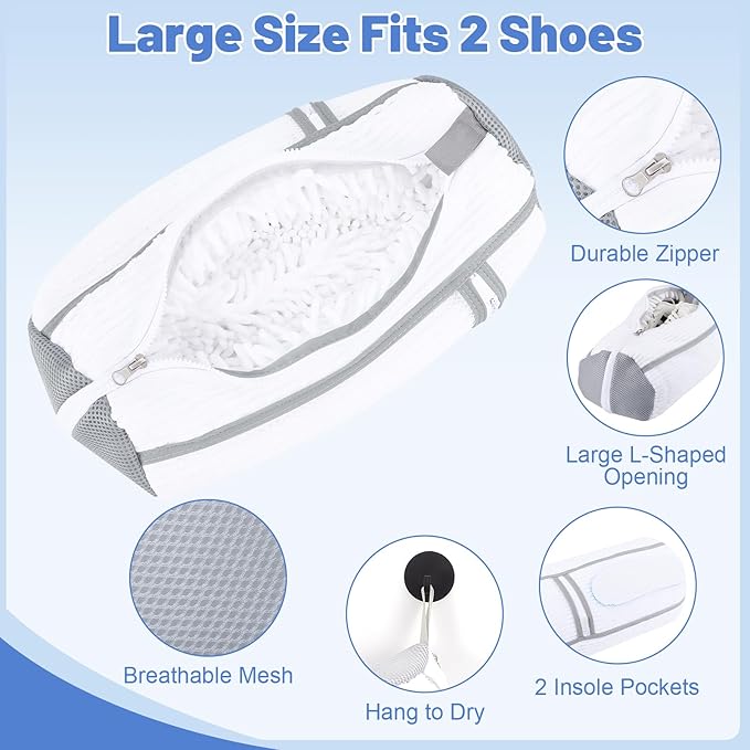 2 PCS Shoe Washing Machine Bag, Reusable L-shaped Zipper Laundry Shoe Bag for Washing Machine with Insoles Mesh Pocket for Washer and Dryer, Shoe Cleaning Bags for Sneaker Tennis Shoes
