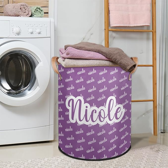 Custom Name Laundry-Hamper, Personalized Purple Kids-Clothes-Hamper Foldable with Name, Customized Storage Basket with Handles Waterproof Gift for Boys Girls Baby Women