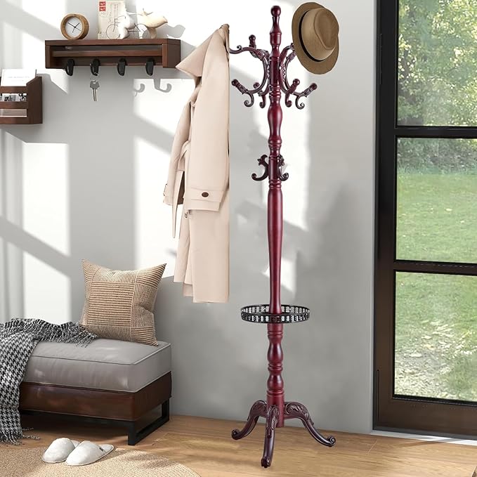Coat Racks Freestanding, Natural Wood Coat Stands with 14 Hooks, 73" Heavy Duty Adjustable Height Vintage Hall Tree for Entryway, Bedroom, Office, Easy Assembly (Rosewood Tray)