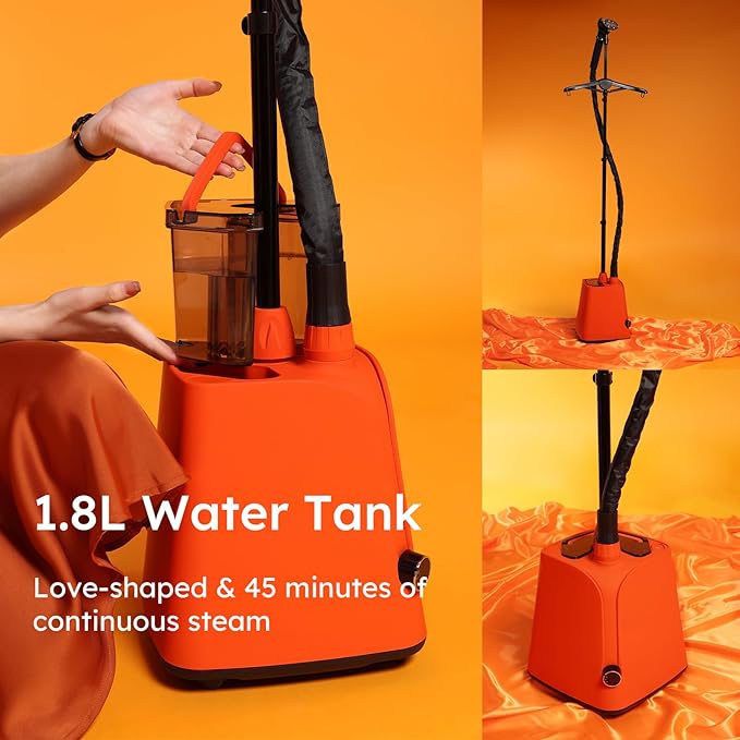 Colorful Standing Garment Steamer for Clothes, 2000W Professional Hanging Clothing Steamer with Stand, Commercial Cloth Fabric Steamers with 1.8L Water Tank for 45min Steaming, Orange