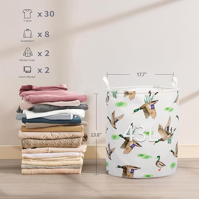 Mallard Duck Laundry Basket Cute Duck Room Decor,Boys Hunting Duck Nursey Laundry Hamper for Baby Clothes Storage Basket (Mallard, 43L)