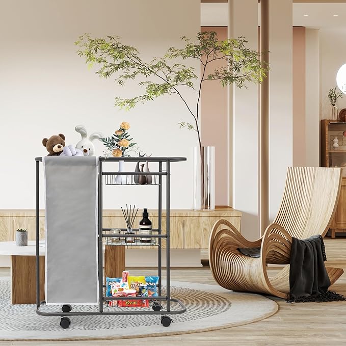 Rolling Laundry Cart with Wheels, 3-Tier Laundry Caddy Between Washer and Dryer, Heavy Duty Rolling Laundry Basket with 45L Bag for Narrow Space Laundry Room, Bathroom, Bedroom, Gray