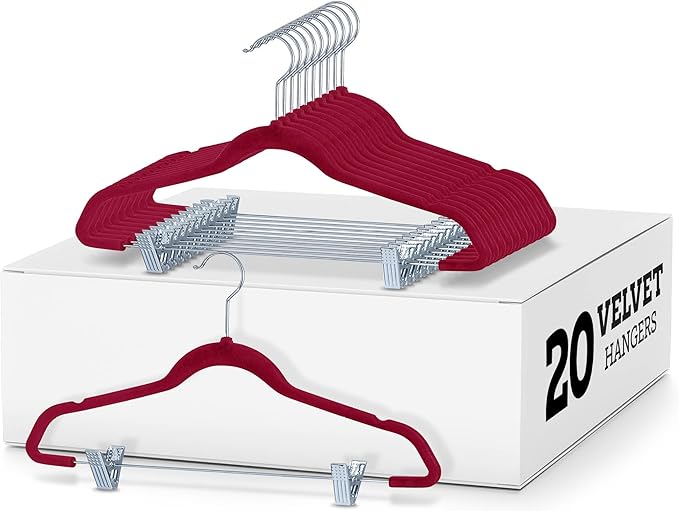 Zober Velvet Hangers with Clips - 20 Piece Set for Pants, Skirts, Suits, Dresses & Shirts - Notched Burgundy Velvet, Non Slip Felt, 360 Degree Hook