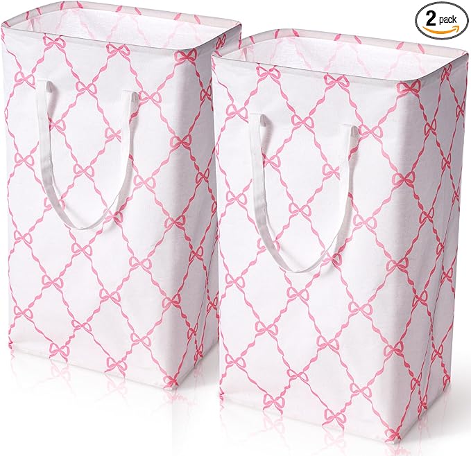 Leinuosen 2 Pcs Bow Pink Laundry Basket Pink Laundry Hamper Large Collapsible Bow Storage Baskets Cute Nursery Clothes Waterproof Hamper Room Organization for Bedroom Decor(Grid)