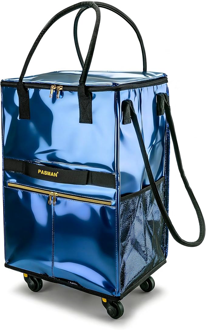 Reusable Grocery Bag on 5 Wheels, Foldable Rolling Tote Bag with Handle and Zipper Cover, Heavy Duty Shopping Cart for Laundry, Market & Travel (Navy Blue, Medium_67L)