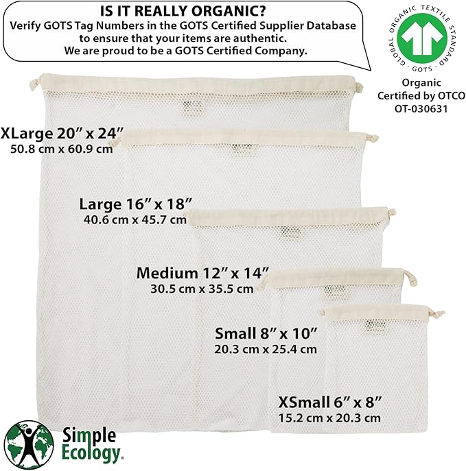 Simple Ecology Organic Cotton Mesh Laundry Bag; Machine Washing Bags for Delicates, Lingerie and Garments, X-Small 2 pack
