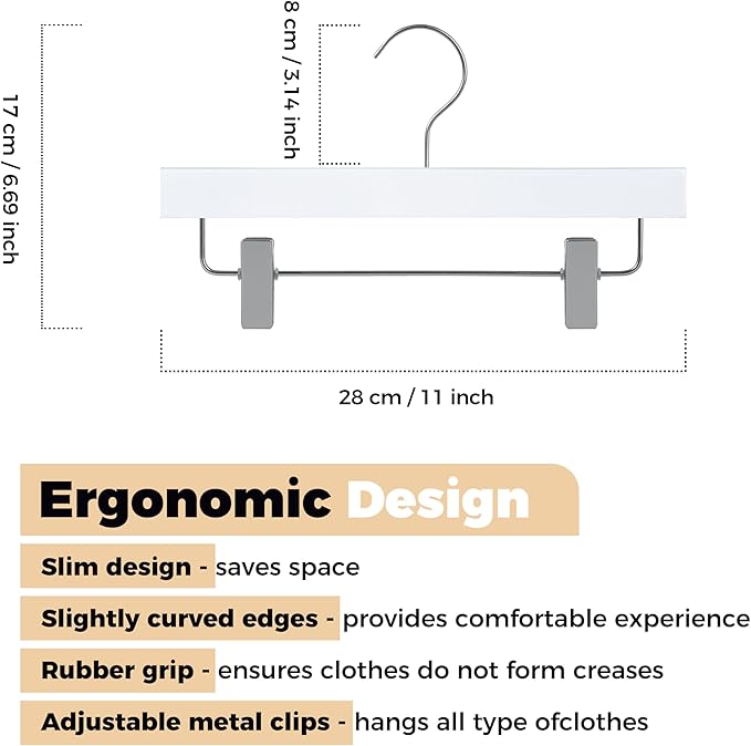 Quality 12-Inch Ultra Slim Kids Wooden Hangers – 20-Pack – Space Saving White Design with Nickel Swivel Hook – for Baby Clothes, Shirts & Dresses (White, Skirt/Pant, 20 Pack)