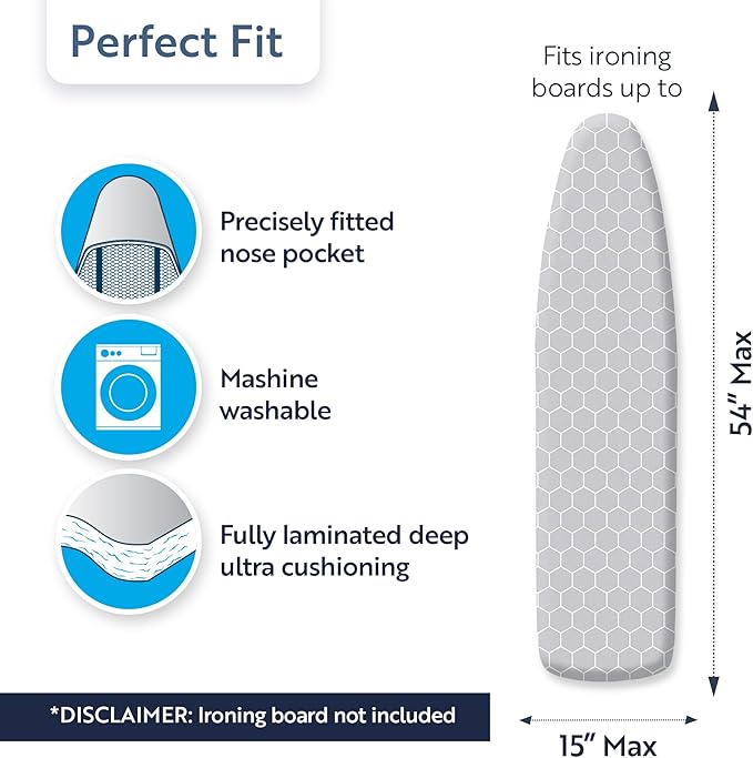 Minky Homecare SureFit Super Soft Ironing Board Cover and Pad with Ultra Thick Felt Backing for Smoother Ironing and Pressing - 54 x 15 inches