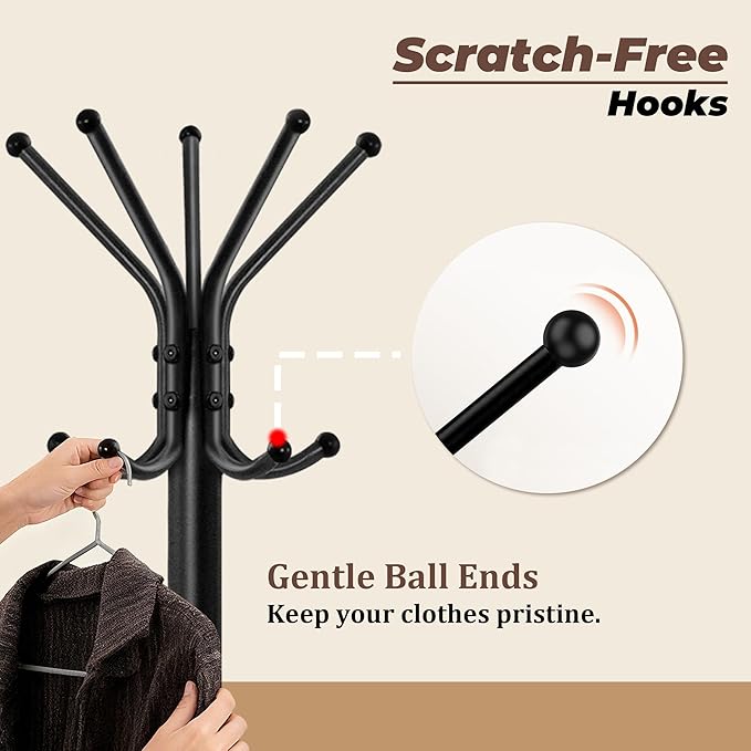Metal Coat Rack, Freestanding Coat Tree & Hall Tree with 15 Hooks, Sturdy Coat Rack Stand and Hat Rack, Coat Hanger for Entryway, Bedroom, Office for Jackets, Hats, Bags,Black
