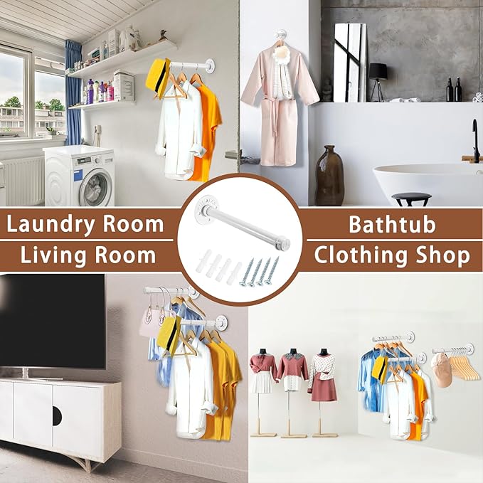 Sumnacon 2 Pcs 12 Inch Industrial Pipe Clothes Bar - Heavy Duty Rustic Metal Coat Hanger with Screws,Wall-Mounted Garment Holder Rack for Bedroom Bathroom Wardrobe Boutique Clothing Store,White