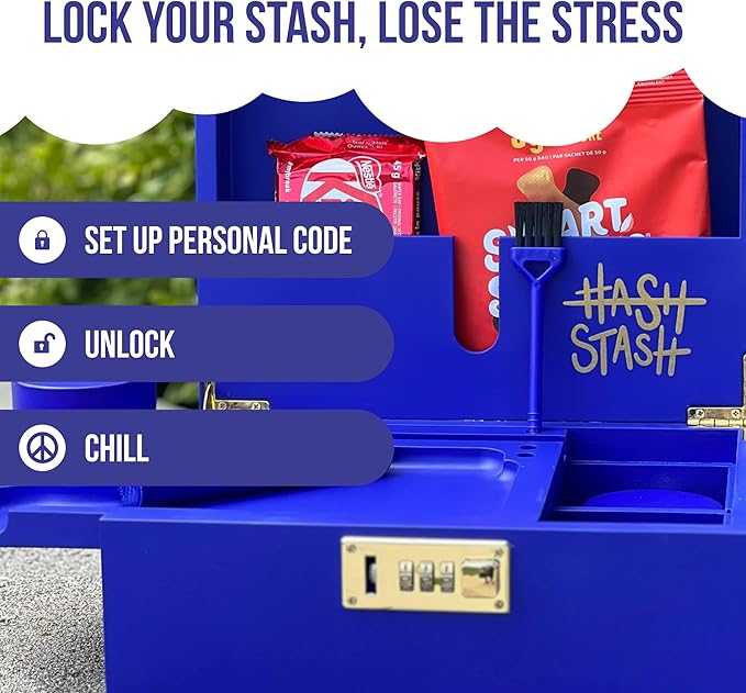 The OG Storage Box - Large Bamboo Box with Combination Lock, Magnetic Lid, Organizer Tray, Airtight Tube and 3 Jars - Discreet Decorative Locking Wooden Box with Accessories (Royal Blue/Gold)