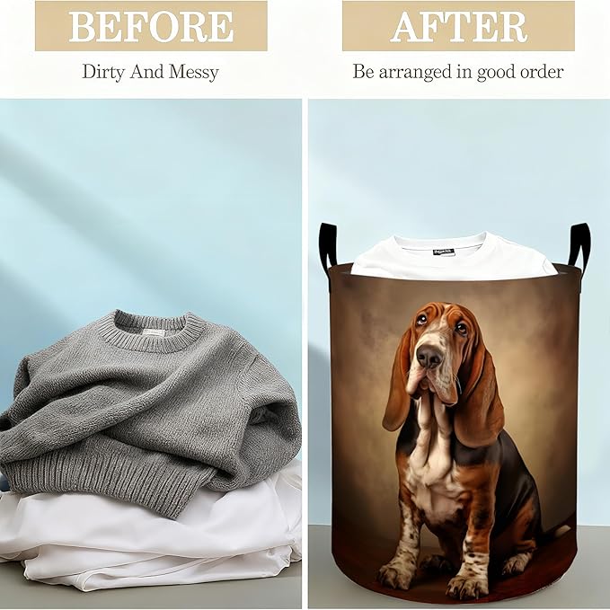 Basset Hound Dog Laundry Basket Hamper for Boys Girls Kids Adults, Foldable Waterproof Oxford Clothes Storage Bin, Pet Organizer for Bedroom Bathroom Room Decor 19.7"x15.8"