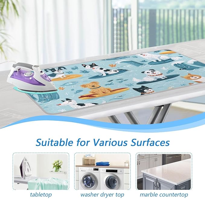 Ironing Mat Pad for Table Portable Travel Iron Blanket Ironing Board Covers Pressing Mat Heat Press Pads 27.6x47.2 Inches Blue Summer Dogs on Surfboards40
