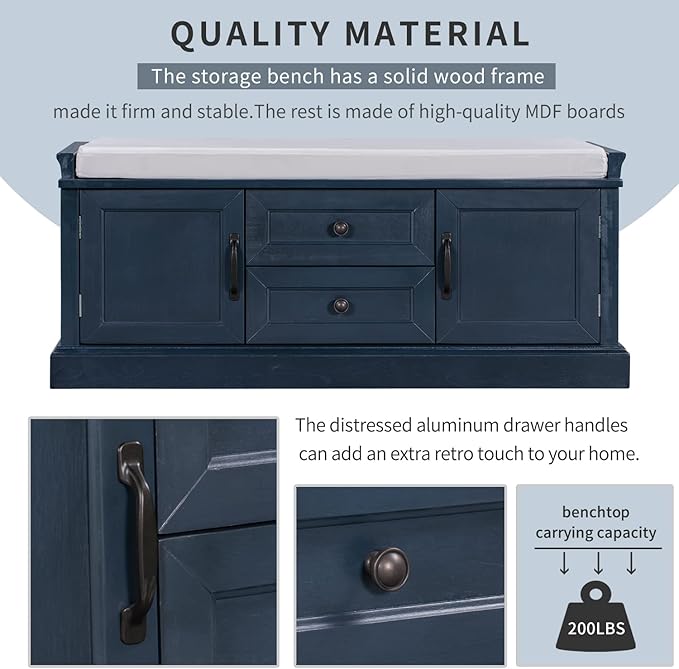 Knocbel 42.5" Entry Storage Bench with Removable Cushion, 2 Drawers and 2 Cabinets, Entryway Hallway Foyer Shoe Bench End of Bed Bench with Aluminum Handles, 200lbs Weight Capacity (Antique Navy)