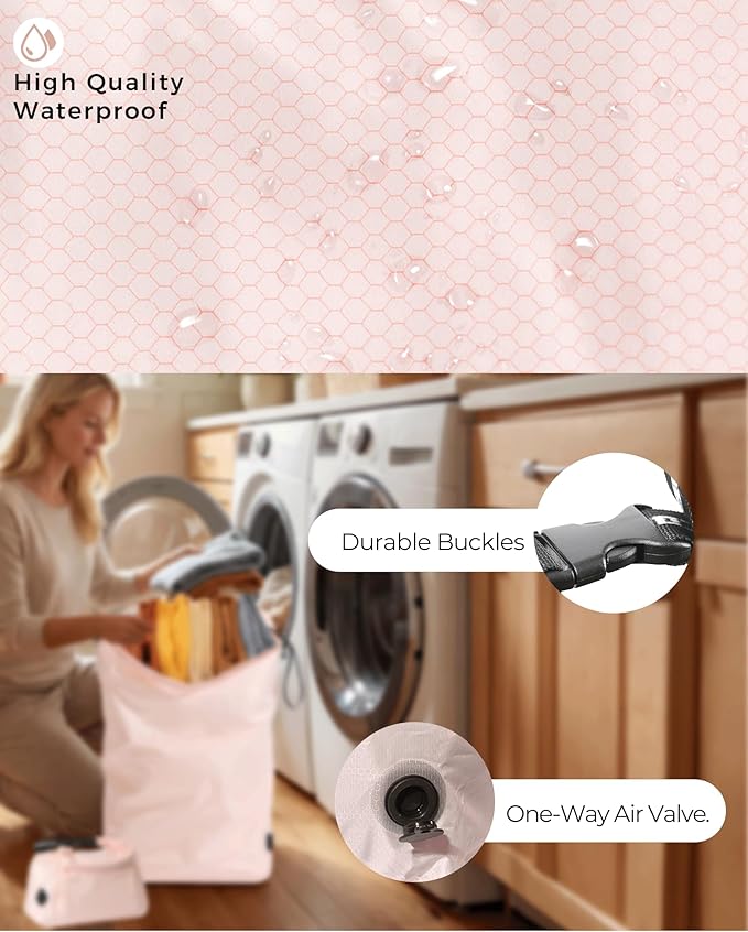 Travel Laundry Bag, Pump Free Vacuum Storage Bag Reusable Compression Dirty Clothes Travel Bag Waterproof Wet Dry Bags Large Capacity Space Saver Bags Camp Clothes Organizer (1 Pcs)(Pink, M)