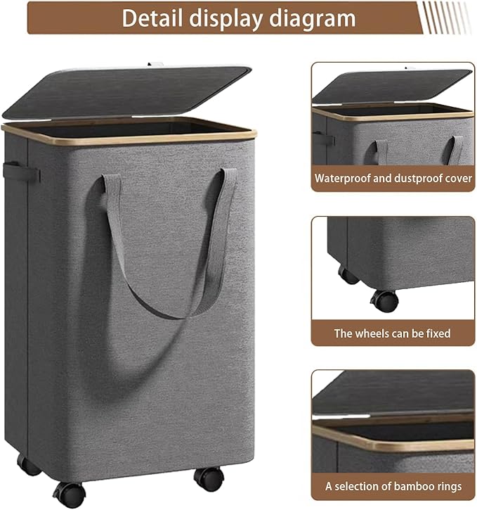 Large Laundry Basket with Wheels - 100L Rolling Laundry Hamper with Lid and Removable Bag - Portable Clothes Hamper for Bedroom Aesthetic - Great for Bathroom, Dorm & Laundry Room (Gray)