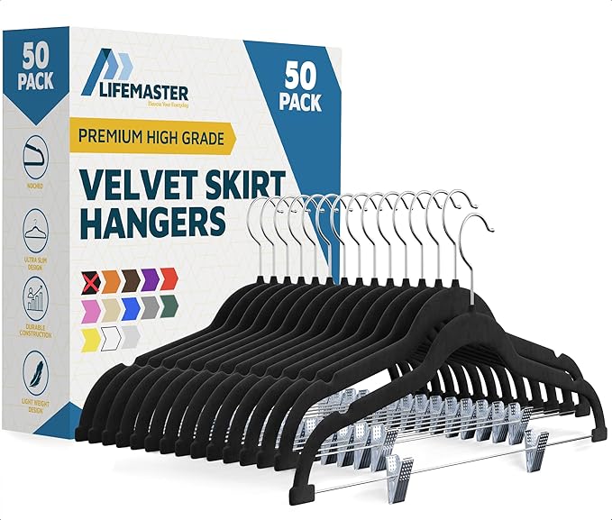 Lifemaster Velvet Skirt Hangers – with Adjustable Clips, 360 Degree Swivel Hook, and Non-Slip Shoulder Notch, Holds Up to 10 lbs, for Organizing Skirt, Pants, Dress, and Clothes, Pack of 50, Black
