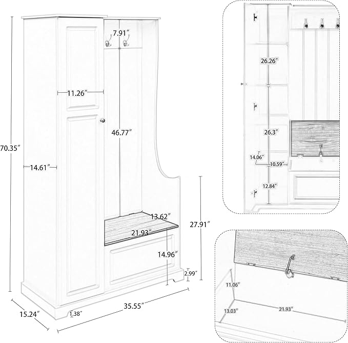 Versatile Design Hall Tree with Flip-Up Bench, 4-in-1 Minimalist Hallway Coat Hanger Shoe Cabinet with Adjustable Shelves, Entryway Coat Rack with Hanging Hooks for Entryways, Mudroom (White-35)