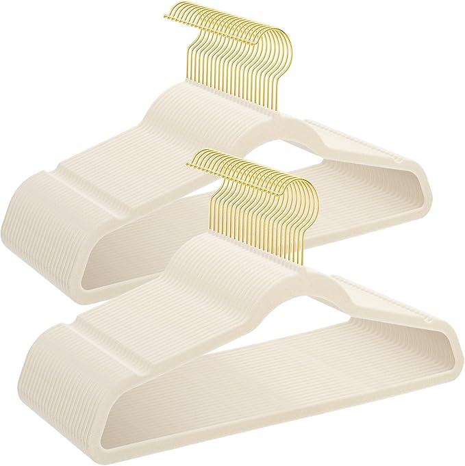 UNEED Ivory Velvet Hangers with Golden Hooks, 36 Pack - Ultra Thin Space Saving, Non-Slip Clothes Hangers for All Clothing, Dorm & Closet Organization (Heavy Duty, Anti-Scratch,360° Protection)