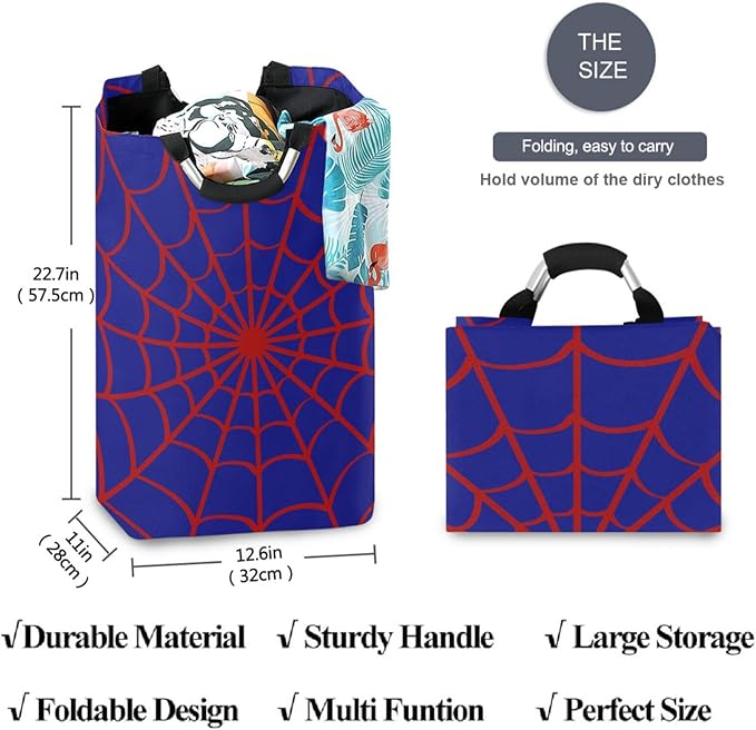 CaTaKu Blue Spider Web Baby Laundry Baskets Collapsible, Large Tall Clothes Hampers for Kids Laundry Room Organizer Foldable Storage Bins with Handles