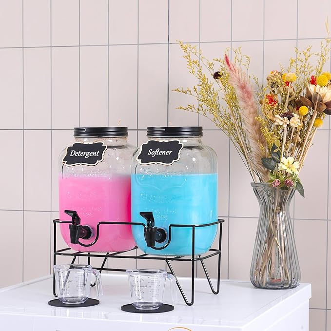 128OZ Laundry Detergent Dispenser BY VEGEVIGI, Glass Liquid Laundry Soap Dispenser, 2 Pack Fabric Softener Organizer
