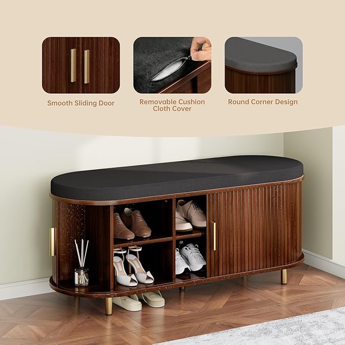Entryway Bench with Storage: 43.31" Wooden Bedroom Shoe Bench with Thickened Padded Seat Cushion, Mid Century Modern Fluted Sliding Door and Adjustable Shelf, for Entryway, Living Room