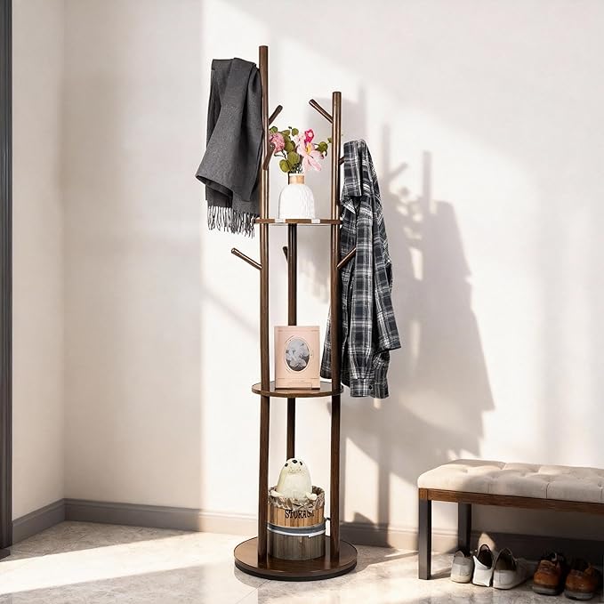 Solid Wood Rotary Coat Rack, Freestanding Coat Rack with 3 Shelves and 9 Hooks, Coat tree for Bedroom, Entryway, Livingroom, Coat Hanger Stand for Coats, Scarves, Handbags (Walnut)