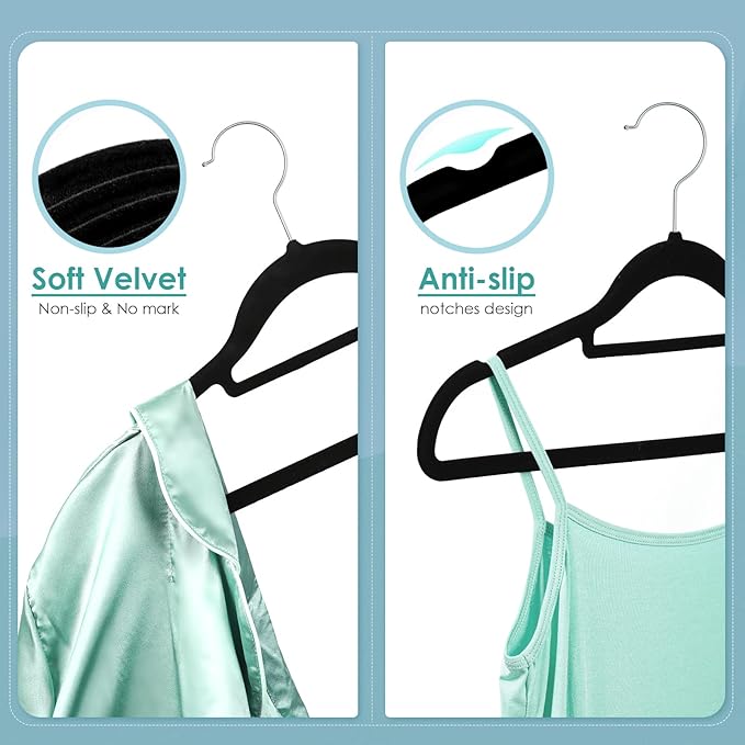 Velvet Hangers Non Slip Felt Hangers, 50 Pack Black Velvet Clothes Hangers Space Saving Slim with 360 Degree Swivel Hook for Suits Coats, Jackets, Pants, and Dress Clothes