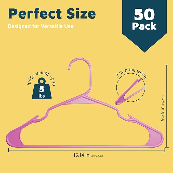 Lifemaster Plastic Clothes Hangers – Heavy Duty Hanger Set, for Organizing Clothes, Dresses, and Coat, Holds Up to 5 lbs, Space-Saving Hangers with Non-Slip Shoulder Grooves, Pack of 50, Pink