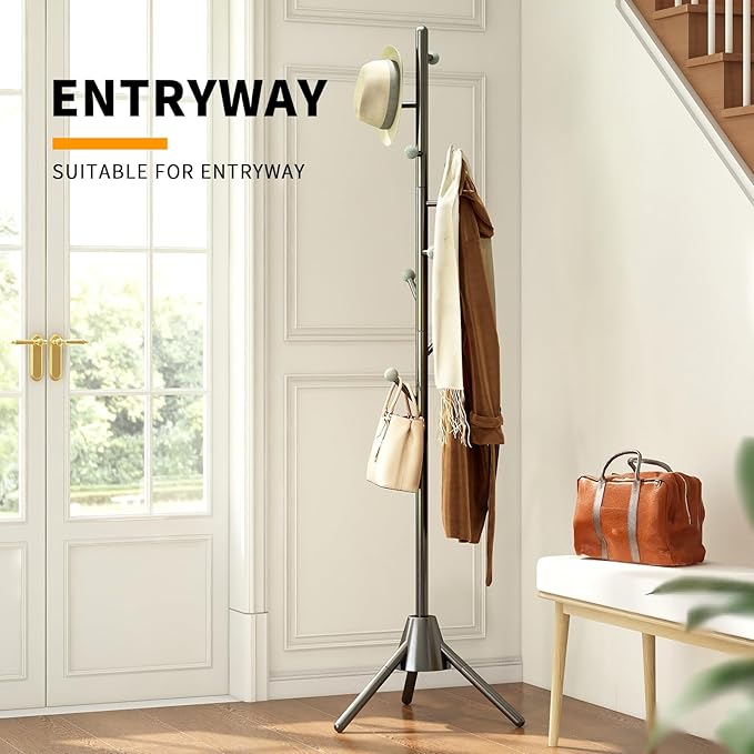Anti-Tip Coat Rack with 8LB Weighted Base, Heavy Duty Metal Coat Rack Freestanding with 8 Hooks, 3 Adjustable Height Sturdy Clothes Rack Space Saving Organizer Stand for Entryway, Bedroom, Office
