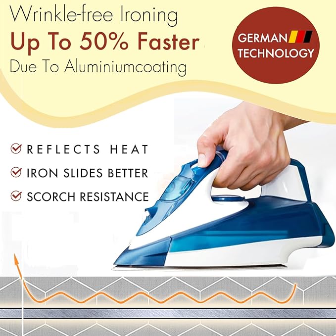 Ironing Board Cover and Pad 15x54 - Made in Germany Iron Board Cover with Heat Reflective Aluminum Coating and Padding- Heavy Duty Iron Board Cotton Cover with Elastic Drawstring Stretch Fit