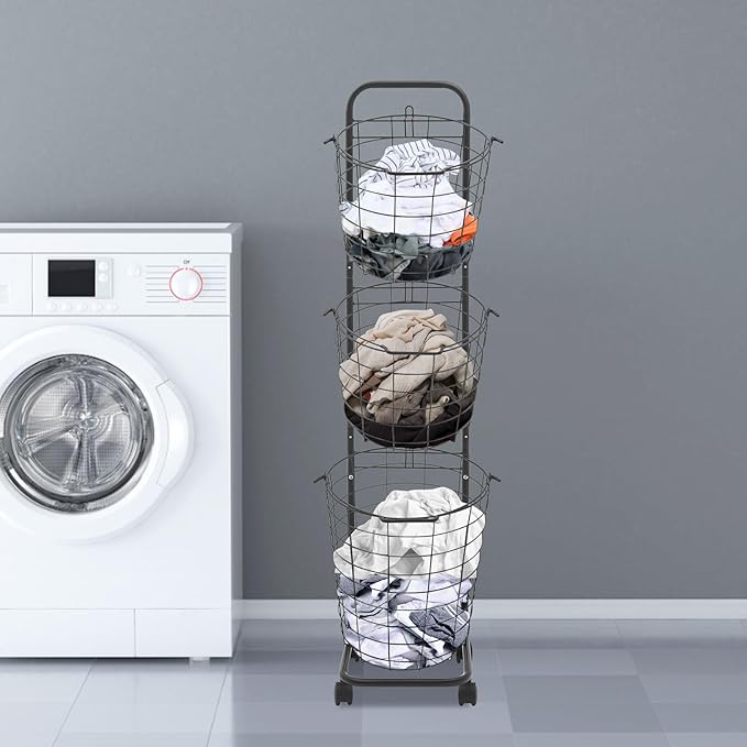3 Tier Laundry Basket on Wheels Breathable & Detachable Laundry Hampers Tilt-out Clothing Sorting Baskets Snack Storage Cart Metal Rack Shelf with Practical Hooks for Bedroom Kitchen Black