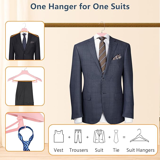 DEDU Suit Hangers for Men 10 Pack, Pink Coat Hangers Extra Wide Non Slip Width 17.7", Plastic with Pants Bar & Metal Hook