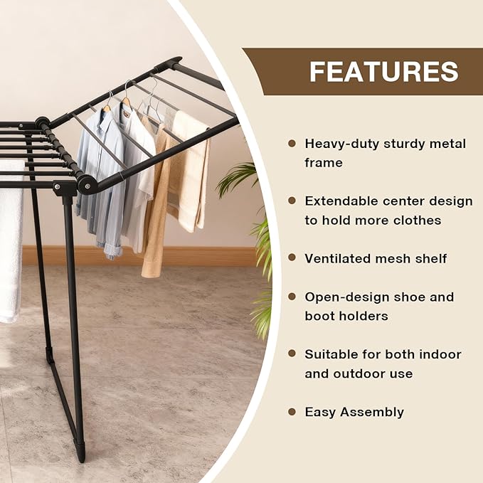 Expandable Clothes Drying Rack, Gullwing Laundry Drying Rack, Space-Saving, Towels, Linens, Indoor, Outdoor Black