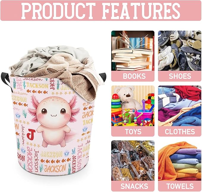 Axolotl Laundry Basket,Custom Laundry Hamper with Name,Personalized Axolotl Gifts for Boys Girls,Customize Collapsible Laundry Basket for Bedroom Bathroom,M-19.5"X 15.7"
