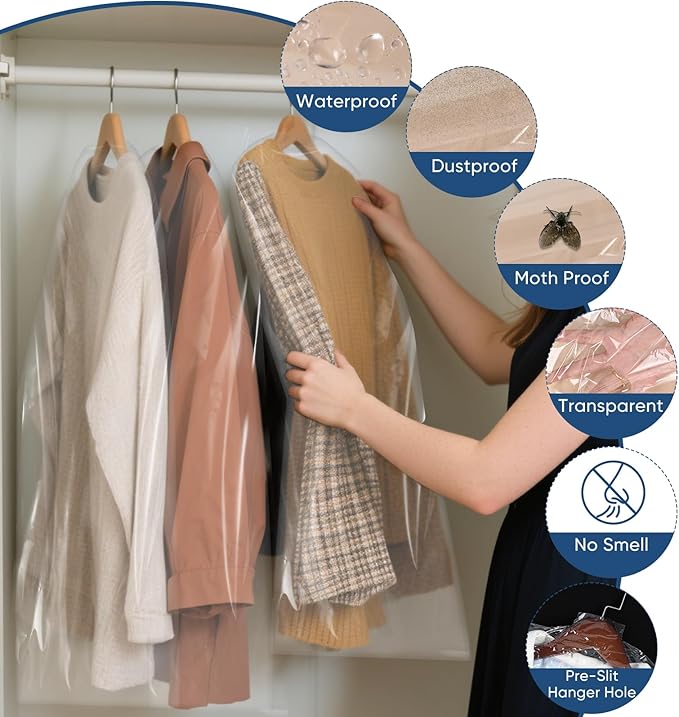 100 Pack 23.6"x55" Garment Bags for Hanging Clothes, Thick Clear Plastic Dry Cleaning Covers for Closet Storage & Travel