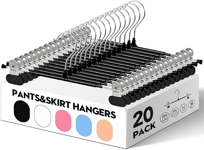 HUADYMEET 20 Pack 14Inch Pants Hangers with Wide Clips,Metal Trouser Hanger for Jeans.Space Saving Skirt Hangers Heavy Duty Non-Slip Adjustable Clothes Shorts Hanger for Women,Men,Black