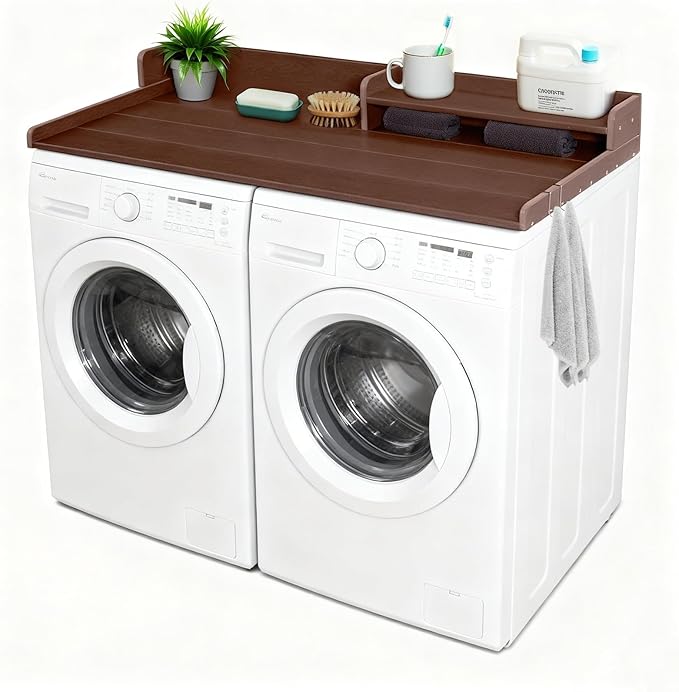 Washer and Dryer Countertop with Shelf, HDPE 2-Tier Laundry Countertop, 54" Wide Laundry Machine Topper with 2 Hooks & Non-Slip Pads for Laundry Room Organization and Folding Clothes (Brown)