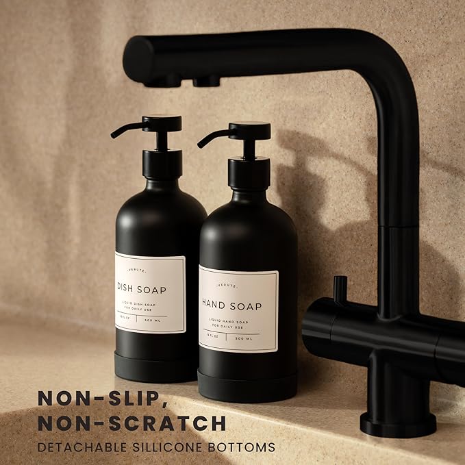 Hand and Dish Soap Dispenser for Kitchen and Bathroom, Set of 2 16 Oz Glass Bottles, Stainless Steel Pumps, Non-Slip Silicone Base, 27 Waterproof Labels (Matte Black Bottle/Black Pump)