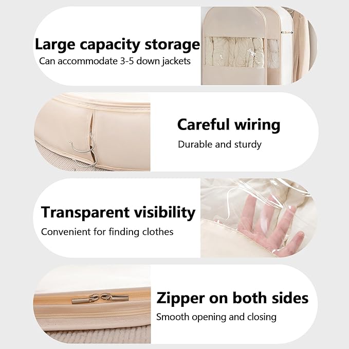 Space Saving Hanging Garment Bag with Self Compression Zipper，Dust Cover Clothes Bags for Down Coat,Dress,Suit，Closet Storage Organizer for Home Travel Use(Pink, M+L+XL)