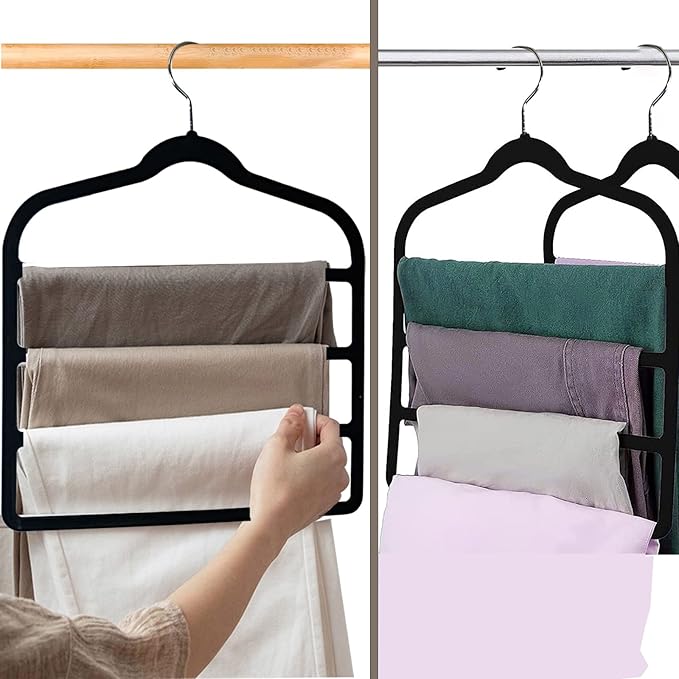 Velvet Pants Hangers Space Saving Hangers Closet Organizer for Jeans Slack Trousers Scarf Tie Pants Rack Leggings Hanger Non-Slip Hangers Multiple Clothes Holder (Black, 3)