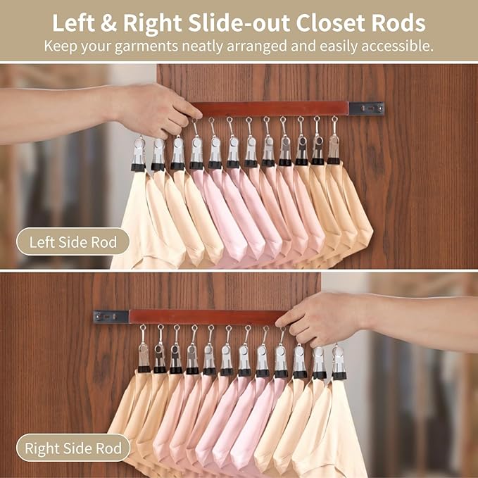 2 Pcs Slide-out Closet Valet Rods, Left & Right Pull-out Clip Hangers, Retractable Rail Belt Organizers with Non-slip Rubberized Clips, No-Drill Hanger Poles for Bra, Underwear, Belts