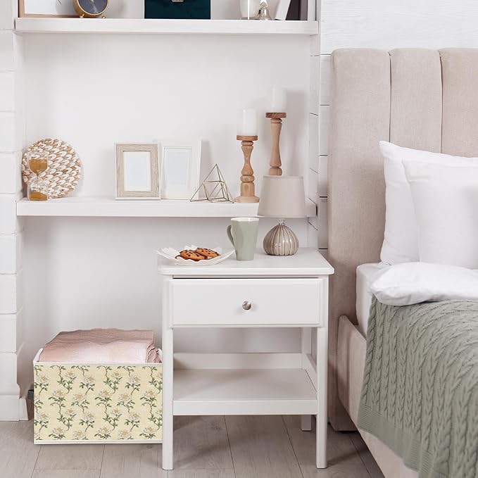 Chinoiserie Peony Floral Storage Bin Box with Handles, Cottagecore White Flower Foldable Organizer Basket Toybox for Girls Room Bedroom Bathroom Clothes Toys Books