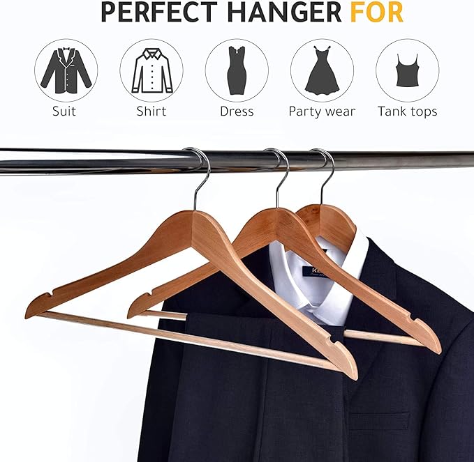 Quality Wooden Hangers - Slightly Curved Hanger 90 Pack Sets - Solid Wood Coat Hangers with Stylish Chrome Hooks - Heavy-Duty Clothes, Jacket, Shirt, Pants, Suit Hangers (Natural, 90)