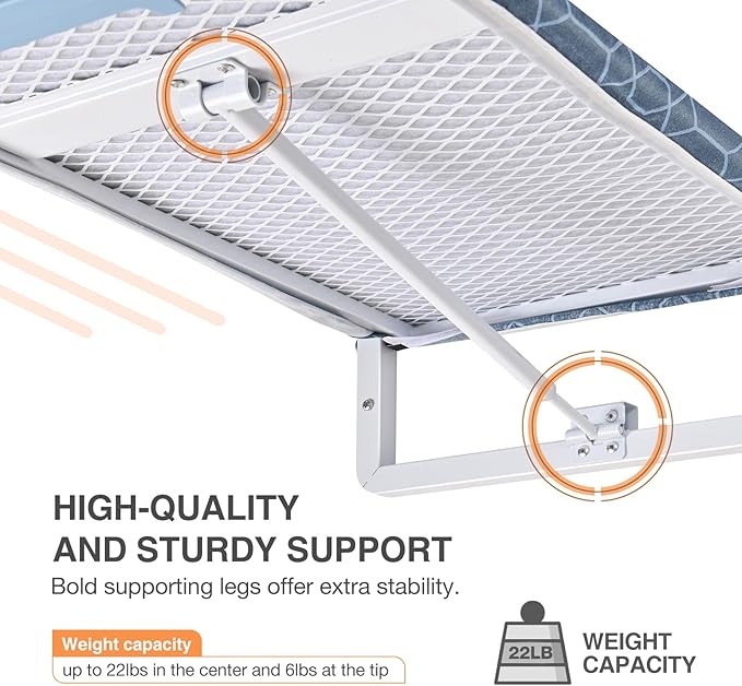 KINGBOARD Wall Mounted Ironing Board with Iron Holder, Compact Ironing Board for Small Spaces, Foldable Iron Stand Heat Resistant Cover, 36" X 12" Deep Blue