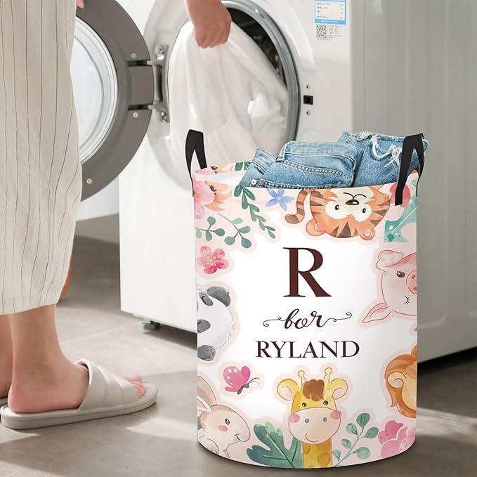 Custom Name Laundry Hamper Kids with Woodland Animals Print, Personalized Girl Laundry Basket for Nursery Bathroom, Customize Baby Name Laundry Baskets for Toddler Adults 2 Sizes